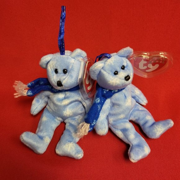 1999 Holiday Teddy The Blue Bear Ty Jingle Beanies Plush Ornament Set of 2 - Picture 11 of 13
